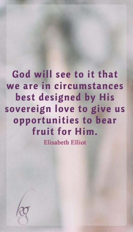 God will see to it that we are in circumstances best designed by His sovereign love to give us opportunities to bear fruit for Him. (Elisabeth Elliot)