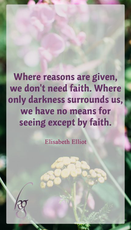 "Where reasons are given, we don't need faith. Where only darkness surrounds us, we have no means for seeing except by faith." (Elisabeth Elliot in “God’s Guidance”)