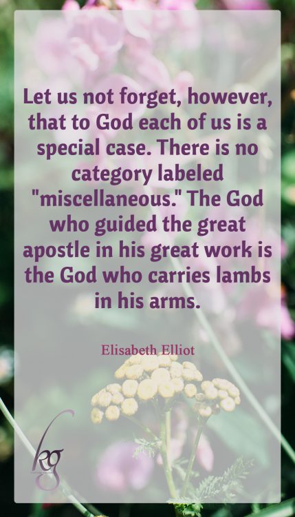 "Let us not forget, however, that to God each of us is a special case. There is no category labeled ‘miscellaneous.’ The God who guided the great apostle in his great work is the God who carries lambs in his arms." (Elisabeth Elliot in “God’s Guidance”)