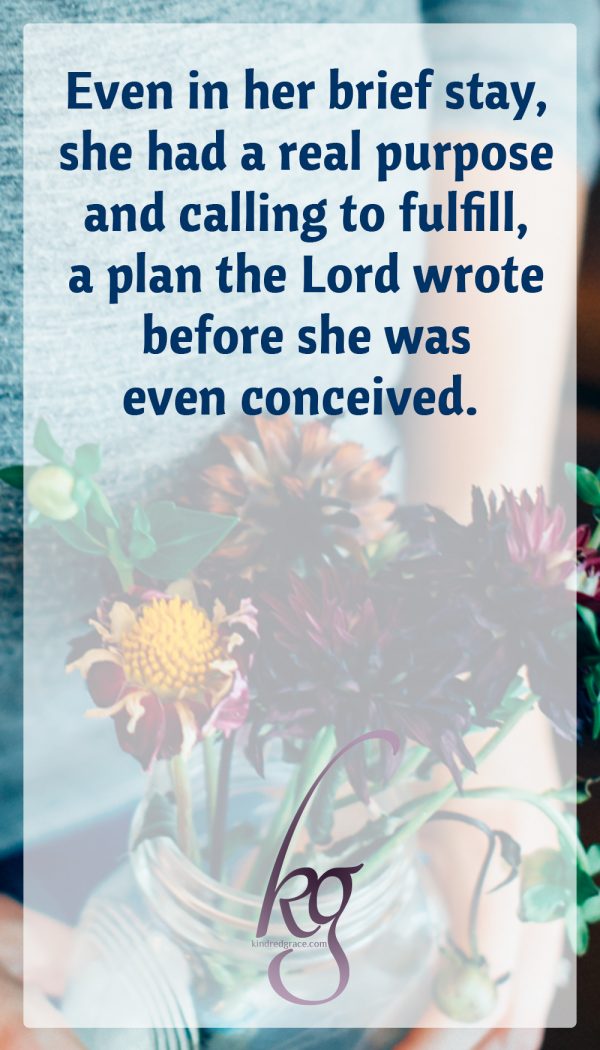 In a world marred by sin, imperfect conditions rendered her earthly life shorter than I wanted, and I believe the Lord grieved with me as He wept for Lazarus; yet Scripture filled my heart and soul with confidence that even in her brief stay, she had a real purpose and calling to fulfill, in a plan that the Lord wrote before she was even conceived. 