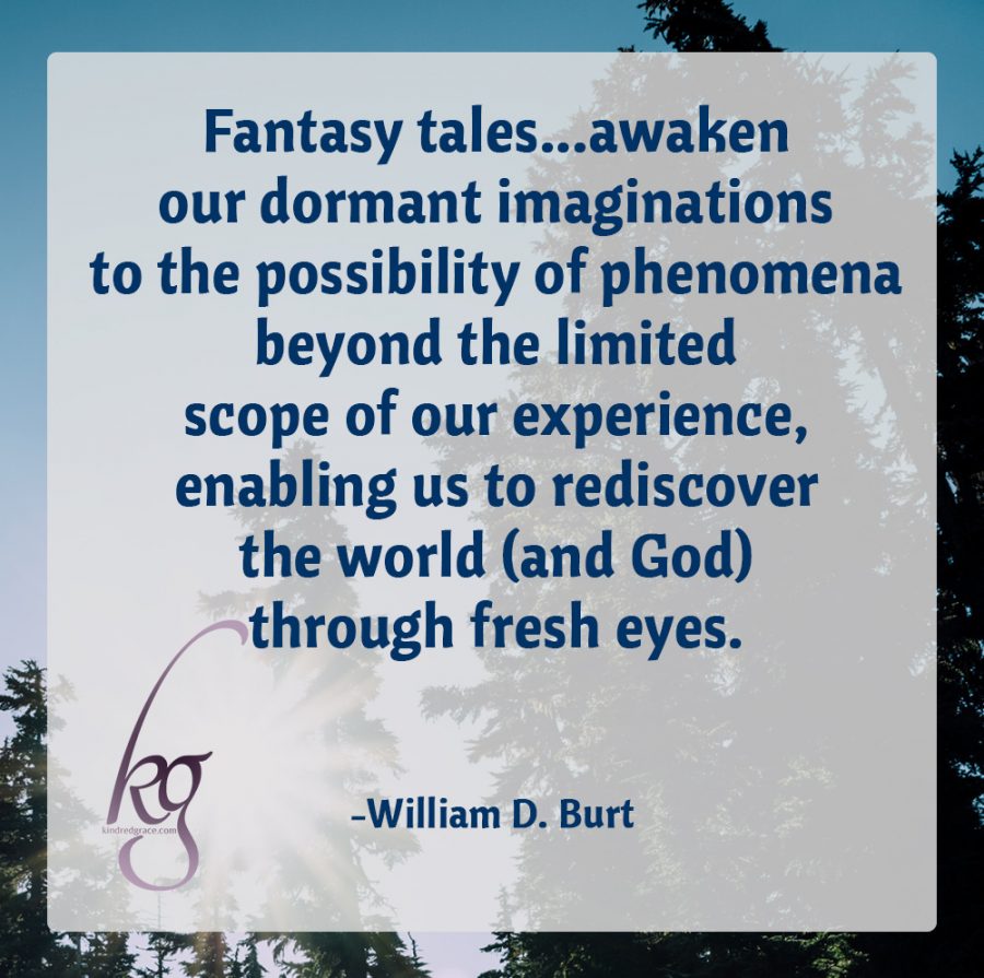 “Fantasy tales serve this soul need by awakening our dormant imaginations to the possibility of phenomena beyond the limited scope of our experience, enabling us to rediscover the world (and God) through fresh eyes."

(William D. Burt)