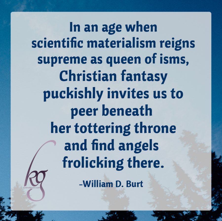 “Fantasy tales serve this soul need by awakening our dormant imaginations to the possibility of phenomena beyond the limited scope of our experience, enabling us to rediscover the world (and God) through fresh eyes. In an age when scientific materialism reigns supreme as queen of isms, Christian fantasy puckishly invites us to peer beneath her tottering throne and find angels frolicking there.” 

(William D. Burt)