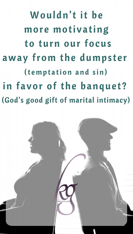 Wouldn’t it be more motivating to turn our focus away from the dumpster (temptation and sin) in favor of the banquet (God’s good gift of marital intimacy)?