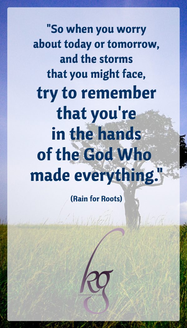 "So when you worry about today or tomorrow, and the storms that you might face, try to remember that you're in the hands of the God Who made everything." (Rain for Roots)